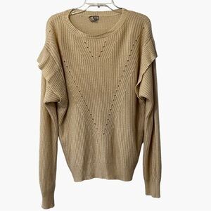 Misa Los Angeles Ruffle Flutter Sleeve Knit Sweater XL beige neutral feminine